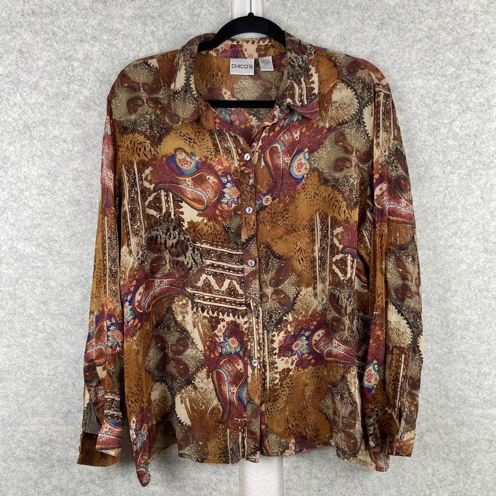 Chico's Blouse Womens 2 Brown Paisley Print Silk Button Front Long Sleeve Top